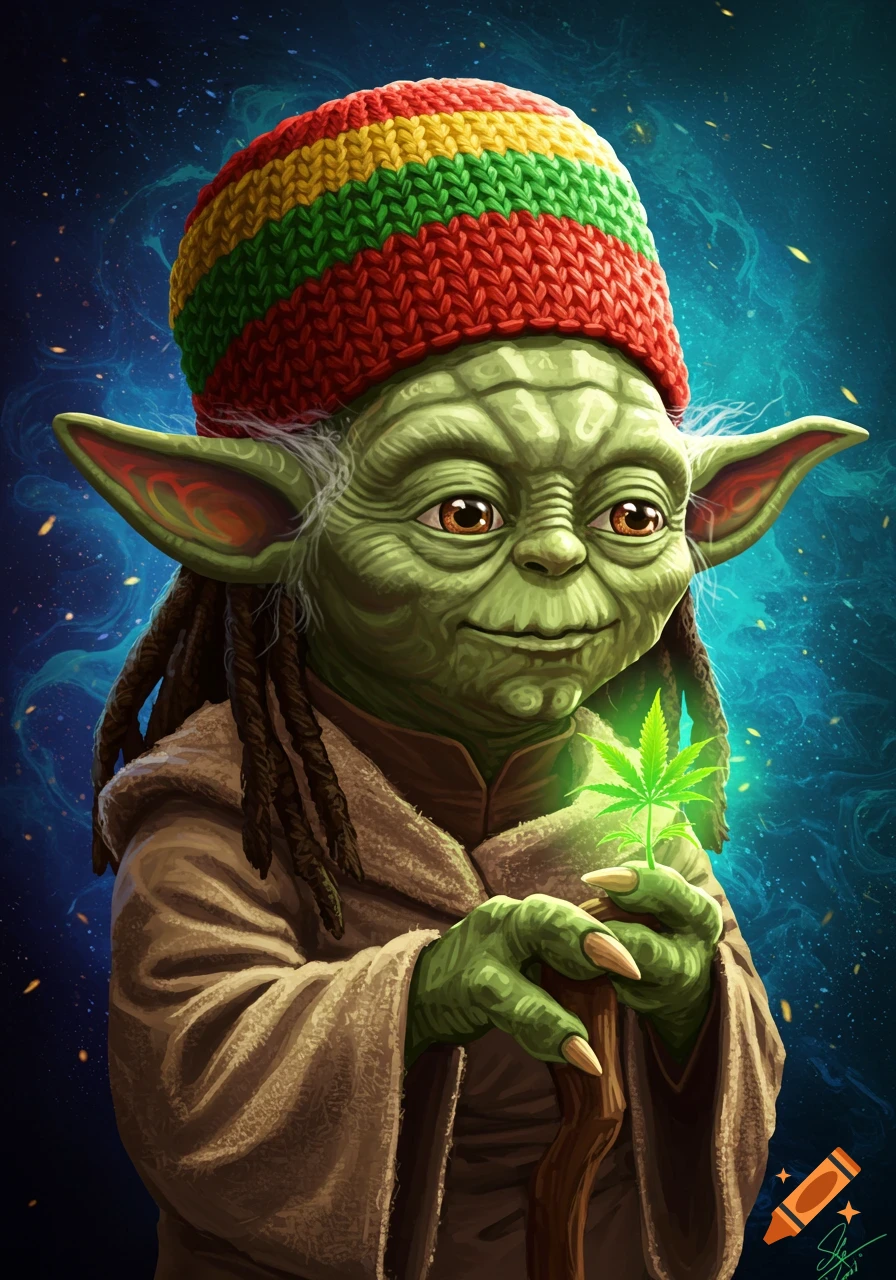 Digital illustration of Yoda wearing a Rasta beanie and dreadlocks, holding a glowing green cannabis leaf against a blue cosmic background.