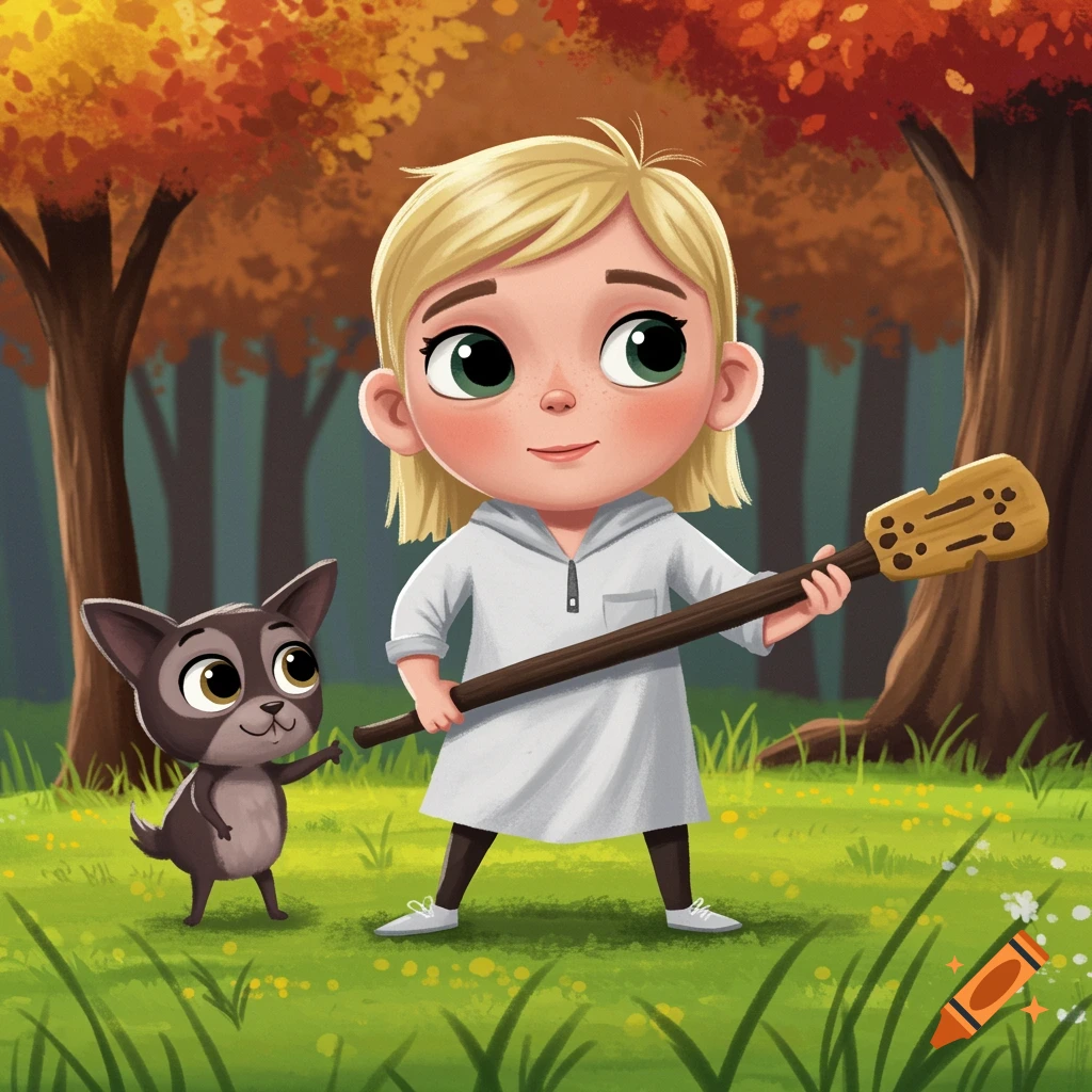 Animated cartoon of a blonde girl in a white tunic holding a stick instrument, next to a small brown dog, in an autumn forest.
