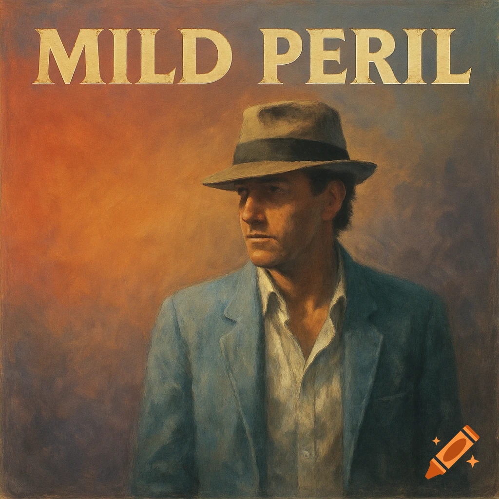Oil painting album cover of a man in a hat and blue suit, with 'MILD PERIL' above.