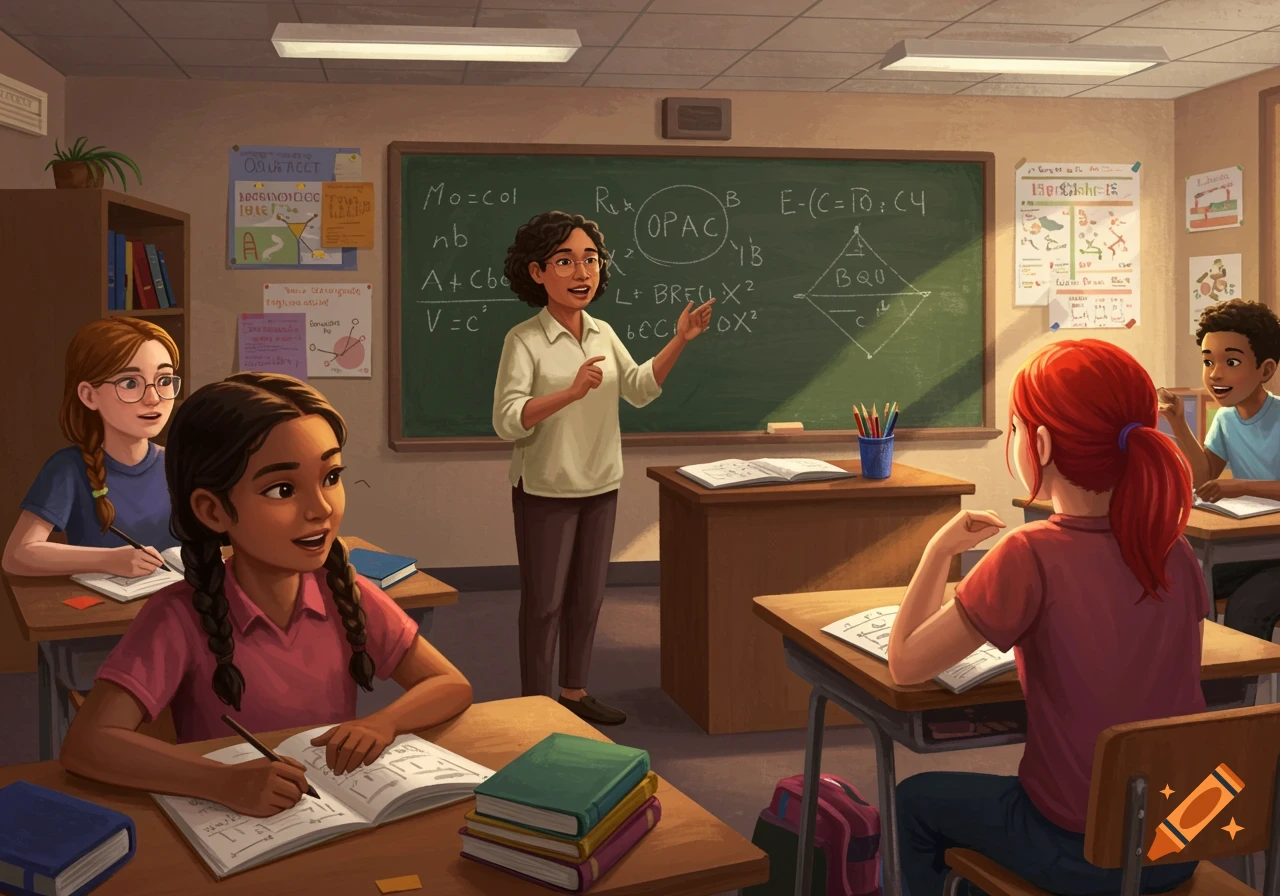 A diverse group of students in a brightly lit classroom, looking at their teacher who is gesturing towards a blackboard with equations.
