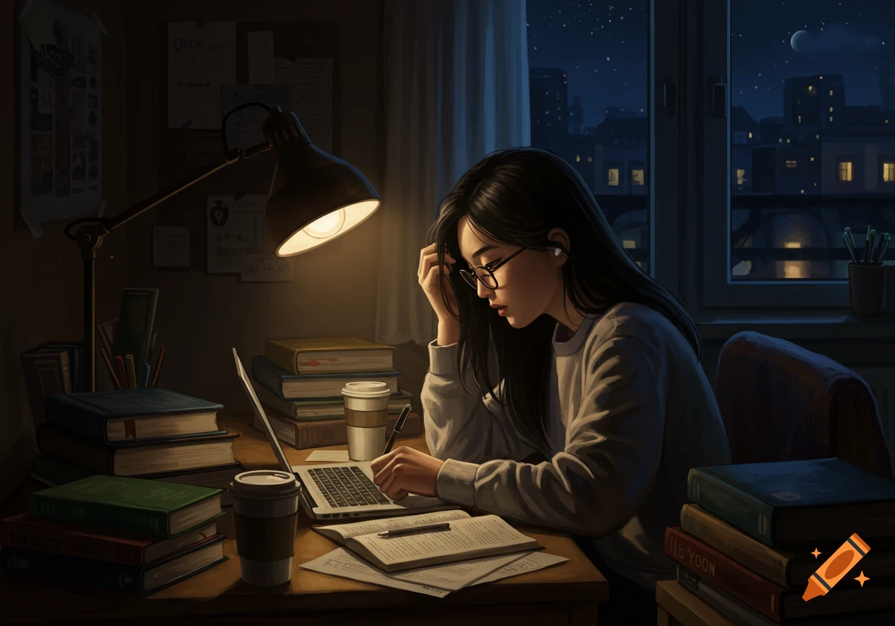 A young woman with long dark hair and glasses studies intently at a desk filled with books, a laptop, and coffee cups, illuminated by a desk lamp at night.