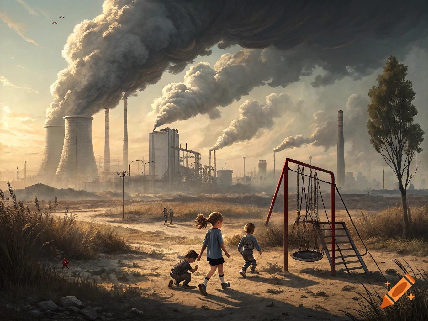 Children play near a red swing set in a dry landscape as a factory complex emits heavy smoke into the sky.