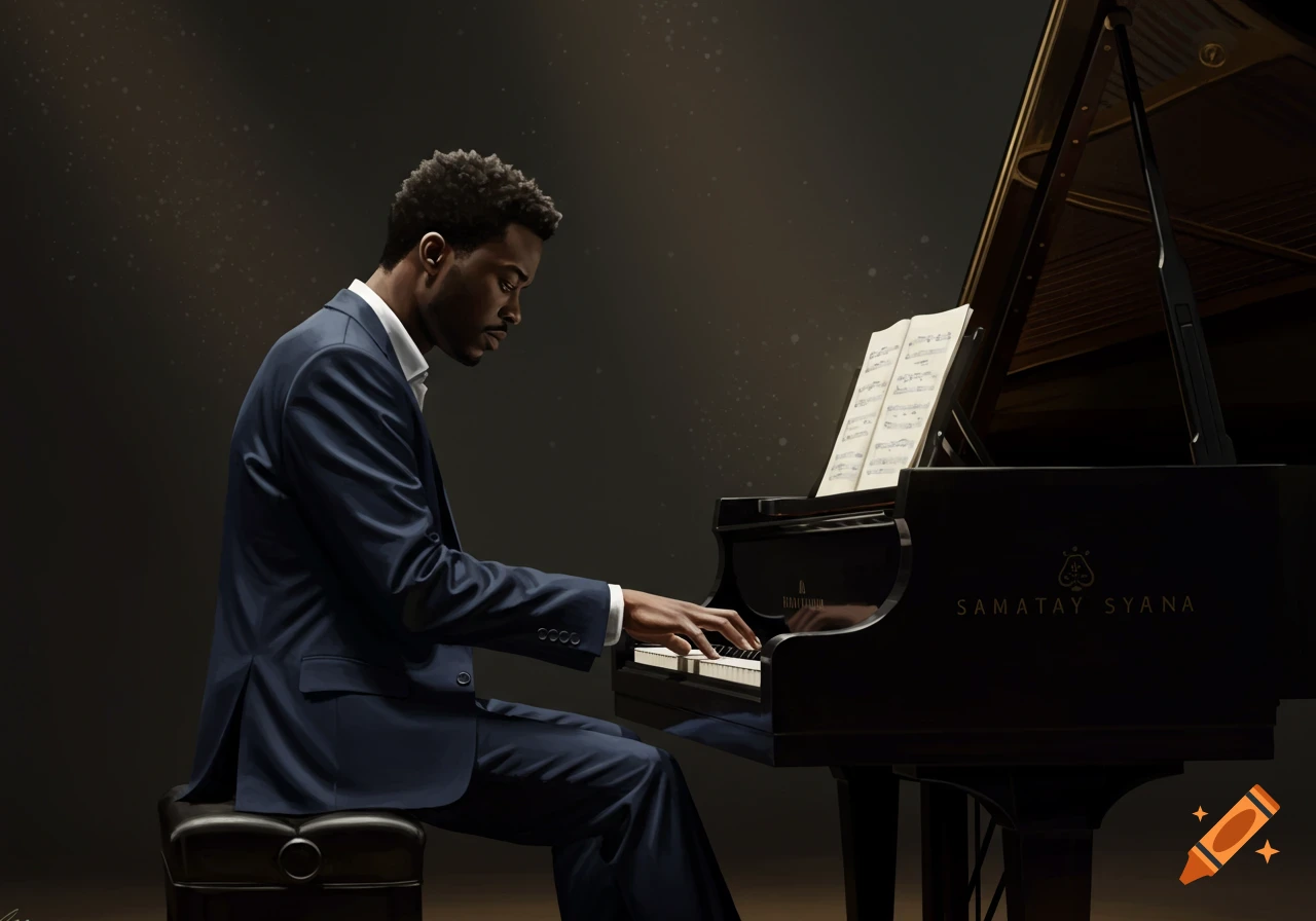 A man with dark hair in a suit plays a grand piano.