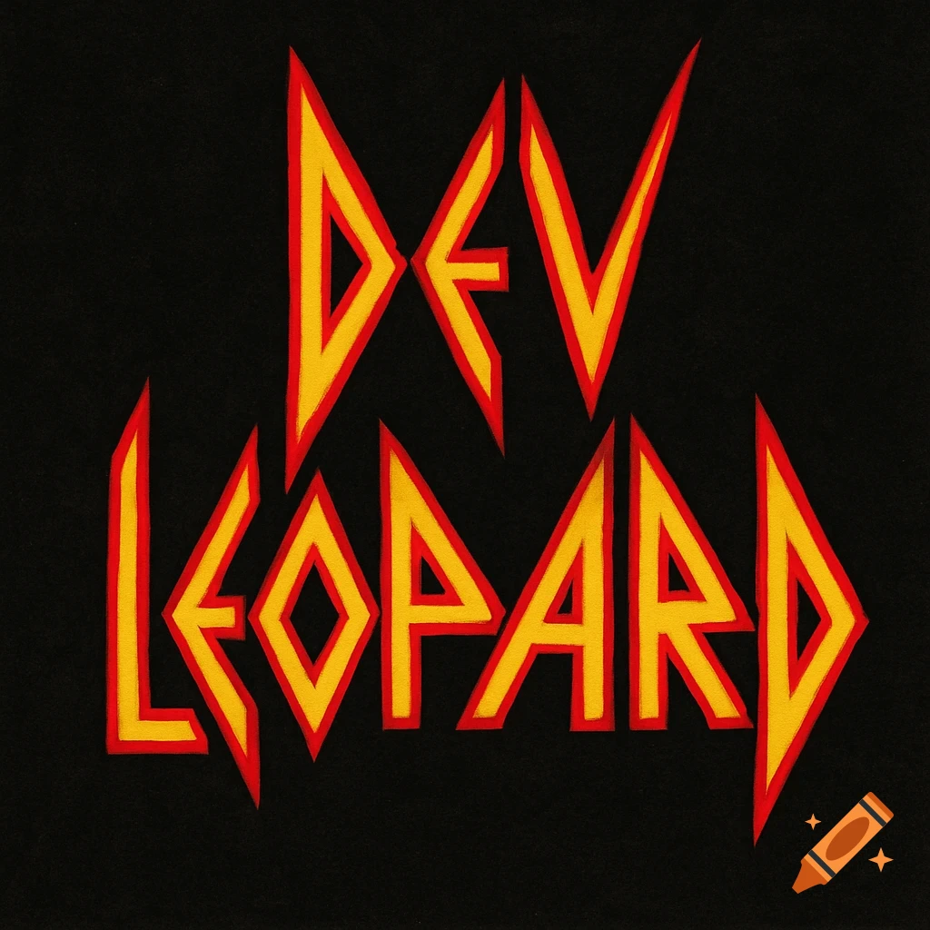 The words 'DEV LEOPARD' written in a stylized, angular, red and yellow heavy metal font on a black background.
