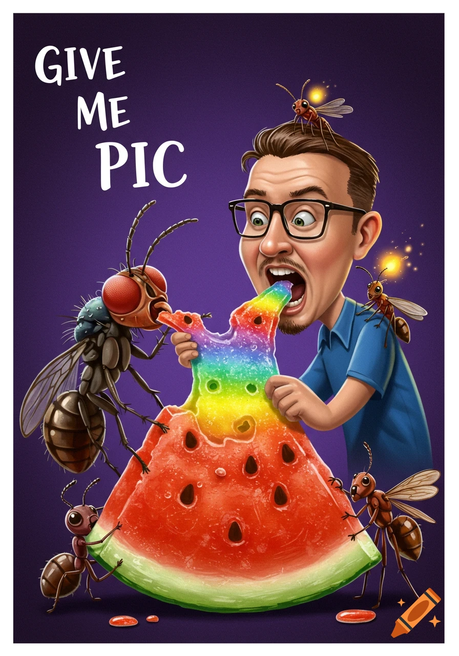 A cartoon man and insects eat a melting rainbow watermelon with text 'GIVE ME PIC'.