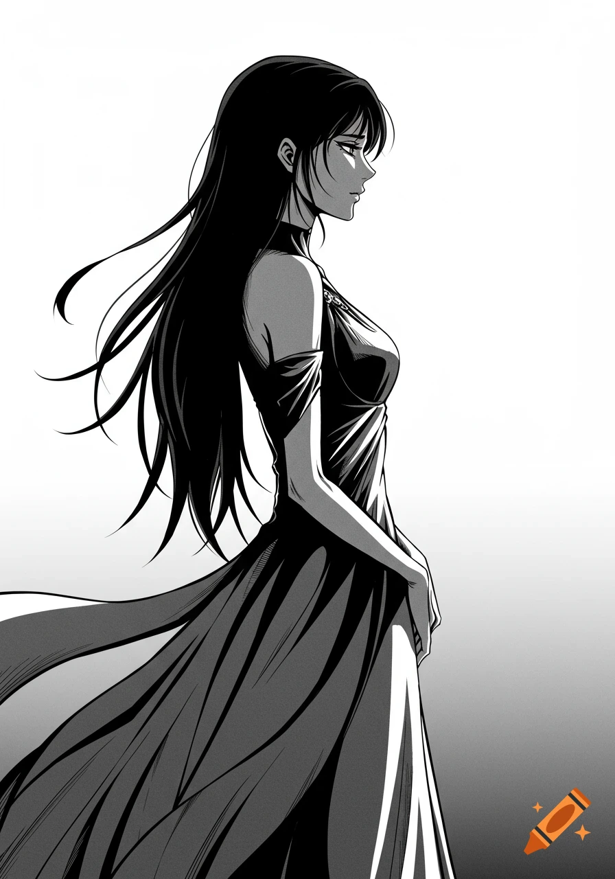 Black and white profile drawing of a woman with long hair wearing a flowing dress, in manga style.