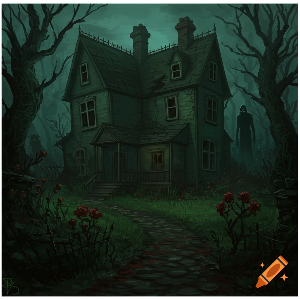 A dark, eerie gothic mansion stands in a misty, overgrown forest at night, with a shadowy figure lurking in the background.