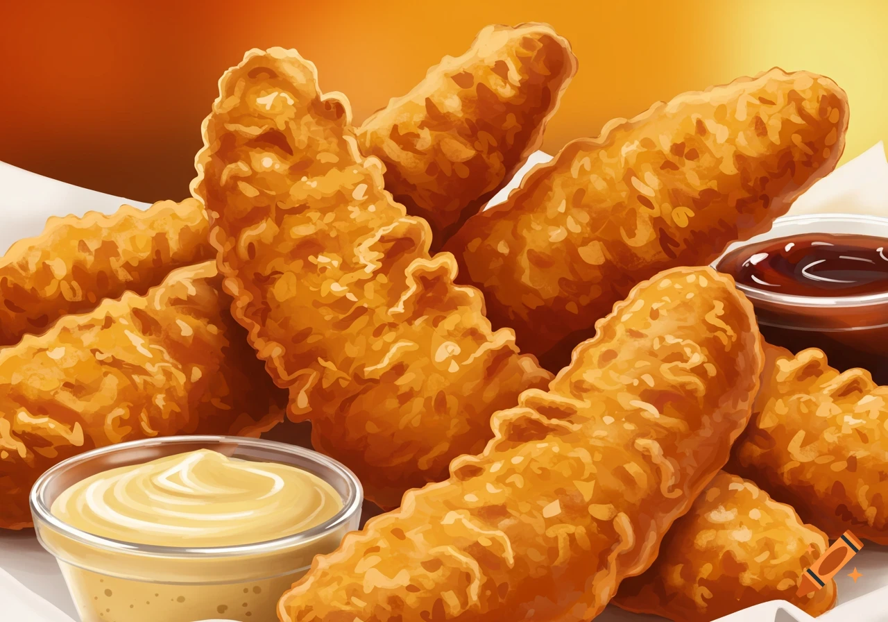 Close-up of golden-brown fried chicken tenders with two dipping sauces, rendered in an illustrative style.