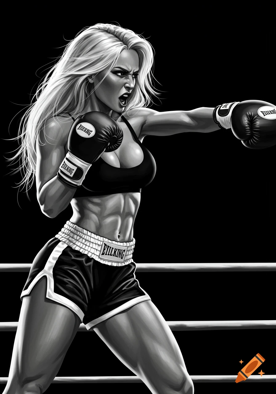 Monochrome illustration of a muscular blonde woman in boxing gear, throwing a punch in a ring.