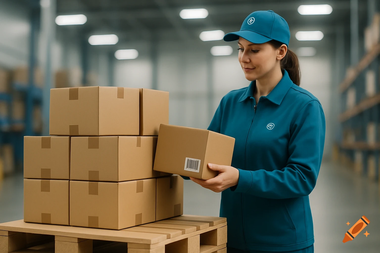 A woman in a blue uniform handling brown cardboard boxes on a pallet in a clean, modern warehouse, photorealistic style.