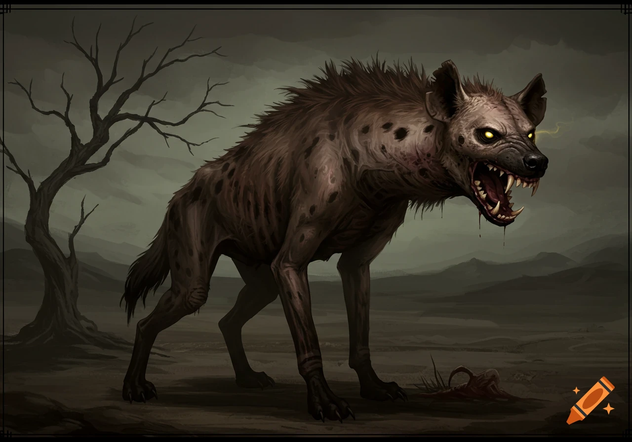 A gaunt, snarling hyena-like creature with glowing yellow eyes stands in a desolate landscape.