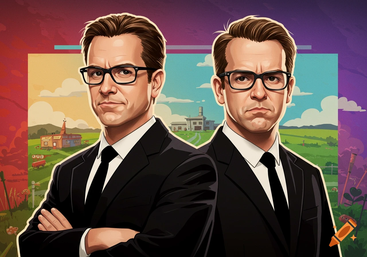 Two serious men in black suits and glasses stand against a colorful, stylized cartoon landscape, in a movie poster style.