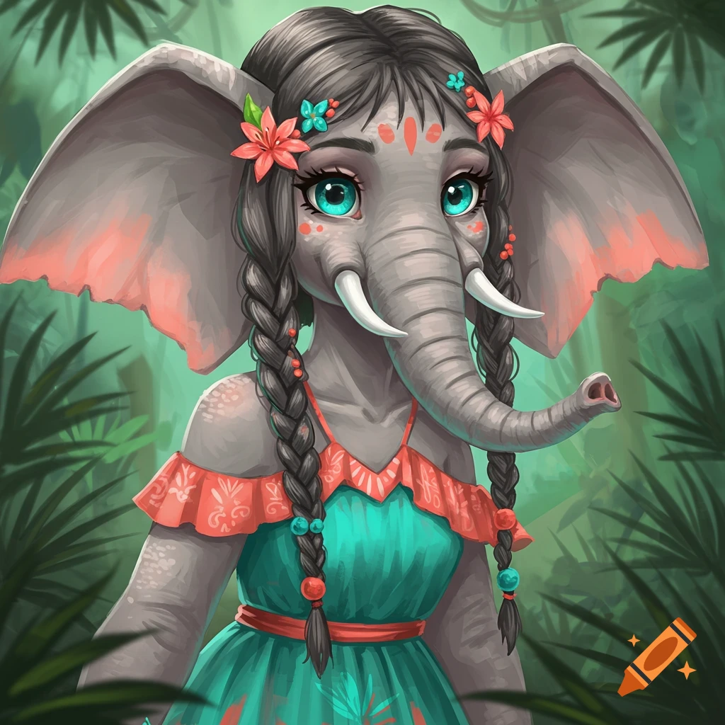 Anthropomorphic elephant girl with braids, flowers, and teal dress, in a jungle. Digital illustration.