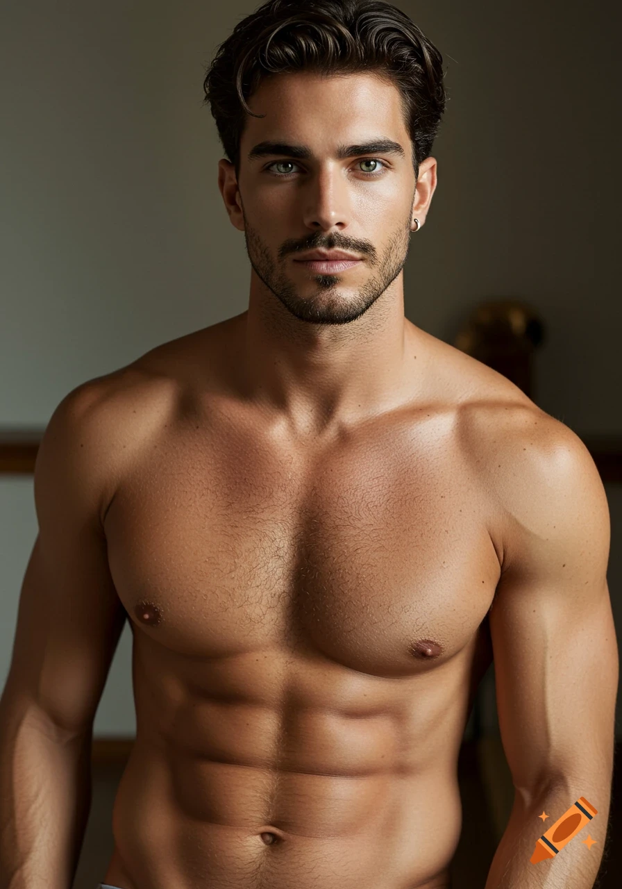 A shirtless, muscular man with dark hair, a beard, and hazel green eyes looks directly forward, a single stud earring in his left ear.