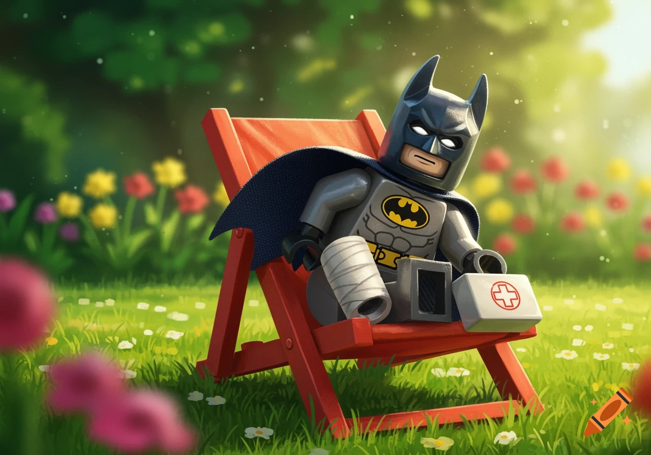 A Lego Batman figure with a bandaged leg sits on a red deckchair in a sunny green garden, holding a white first-aid kit.