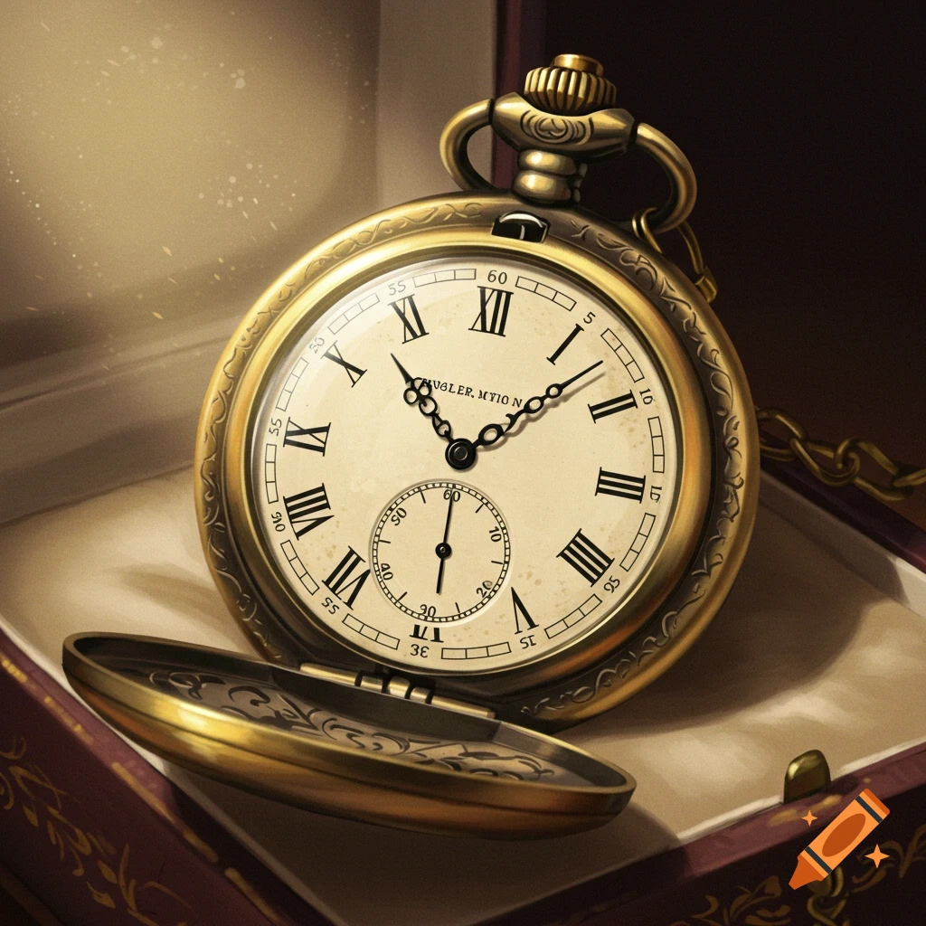 Close-up of a golden antique pocket watch with Roman numerals, opened in a velvet-lined box, with subtle light rays.