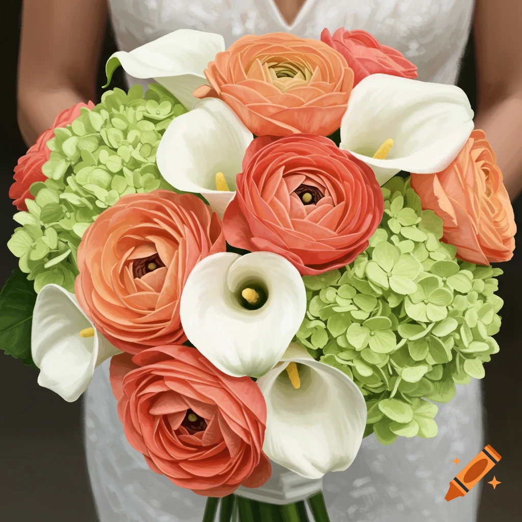 Close-up of a bridal bouquet with peach and coral ranunculus, white calla lilies, and light green hydrangeas, held by a person in a white dress.