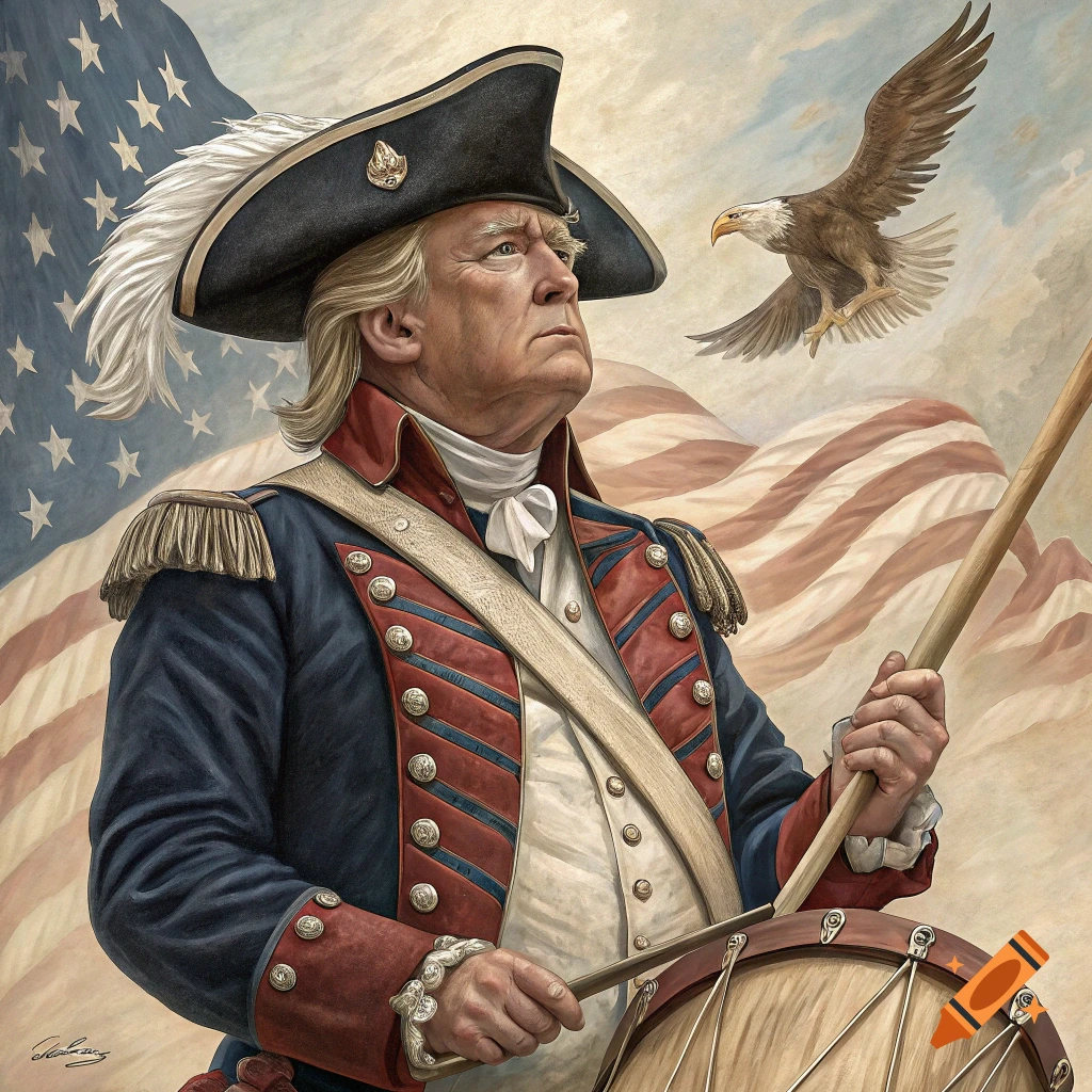 Portrait of Donald Trump as a Revolutionary War drummer in colonial uniform, with a bald eagle and an American flag.