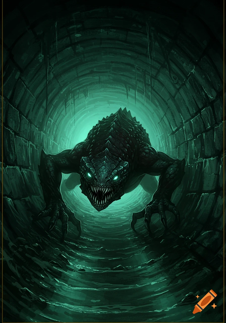 A monstrous creature with glowing eyes and sharp teeth looms in a dark, murky tunnel.