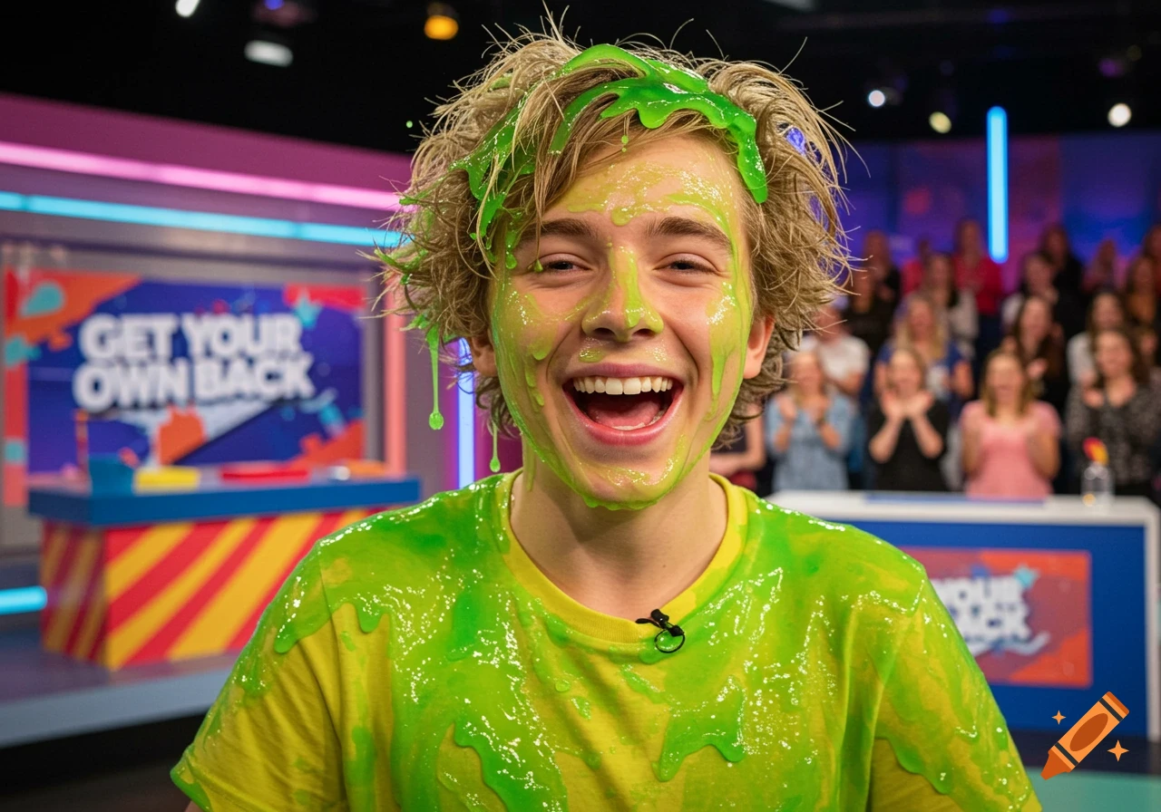 A young person with messy blonde hair smiles broadly, covered in green slime on their face, hair, and yellow shirt, on a colorful TV show set.