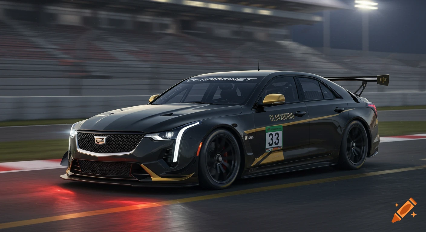 A black and gold Cadillac CT4V Blackwing GT racing car on a track.