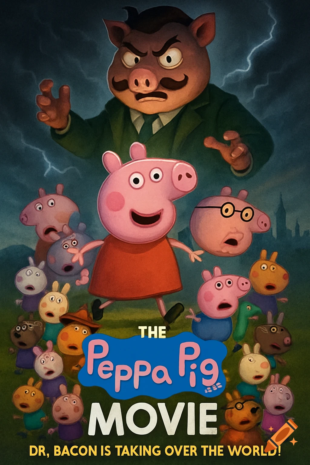 A dramatic movie poster featuring Peppa Pig and friends facing an angry, moustached pig in a suit, with lightning in the dark sky. Text reads 'The Peppa Pig Movie: Dr, Bacon Is Taking Over The World!'.