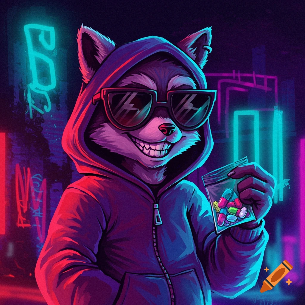 A grinning raccoon-like character in a hoodie and sunglasses holds a bag of colorful pills against a neon urban background.