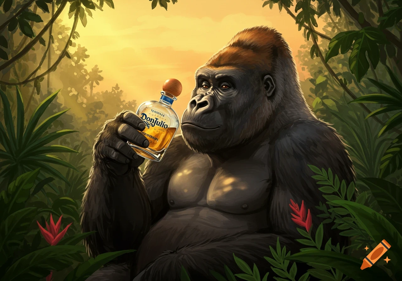 An illustration of a gorilla holding a bottle of Don Julio tequila in a lush jungle at sunset.