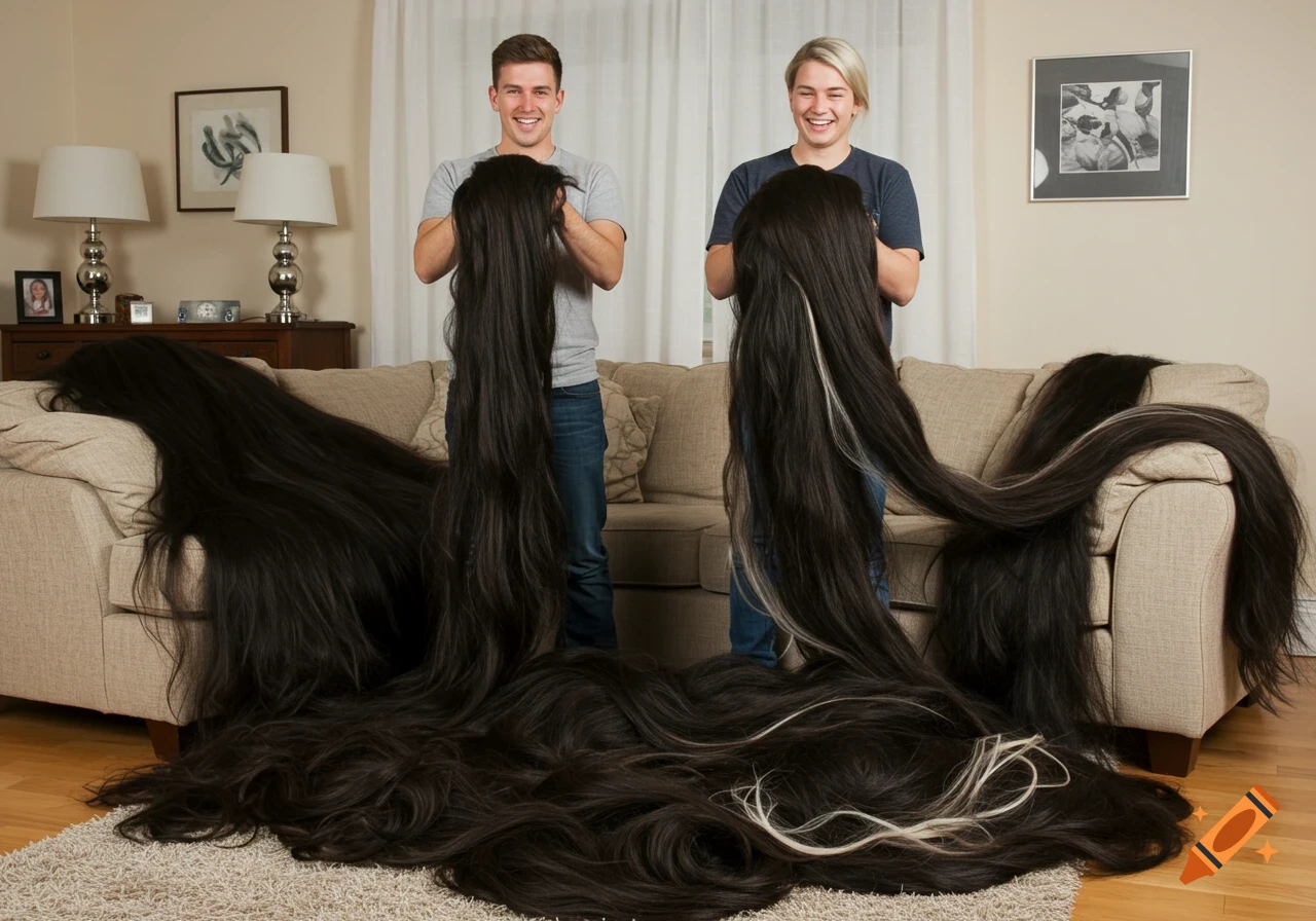 Two smiling people stand in a living room, holding and surrounded by piles of extremely long, thick black hair.