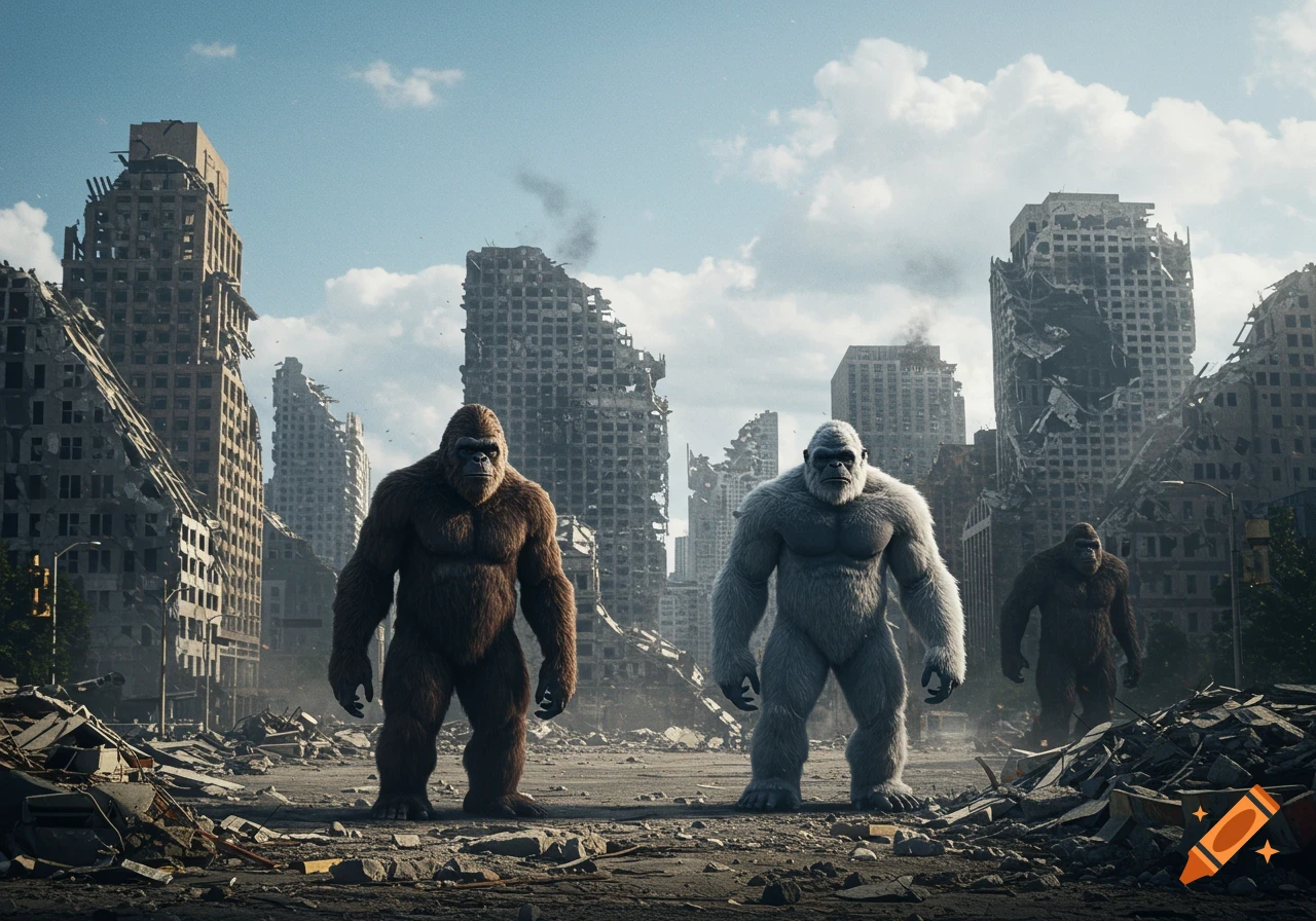 Two large apes, one brown and one white, stand in a demolished city filled with rubble and destroyed skyscrapers under a cloudy sky.
