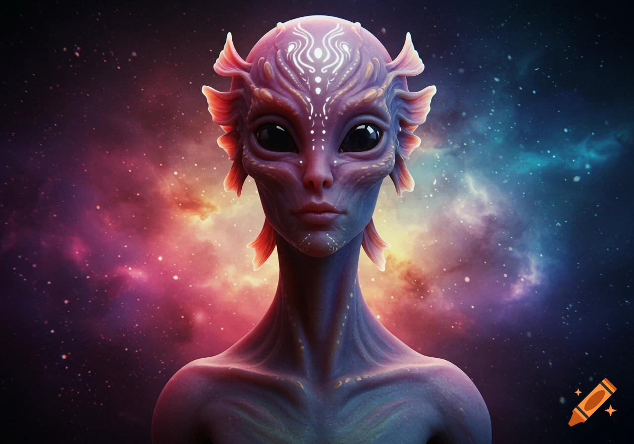 A close-up, photorealistic portrait of an alien creature with smooth purple skin, large dark eyes, and red fins on its head, against a vibrant galaxy background.