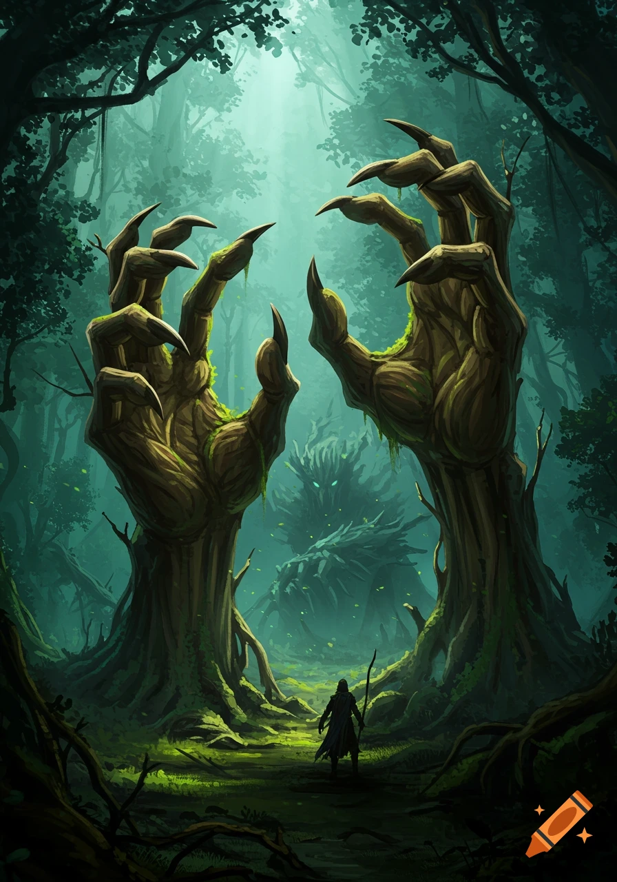 A dark cloaked figure stands on a path in a mystical forest, facing two giant, clawed tree-hands and a shadowy forest creature behind them.