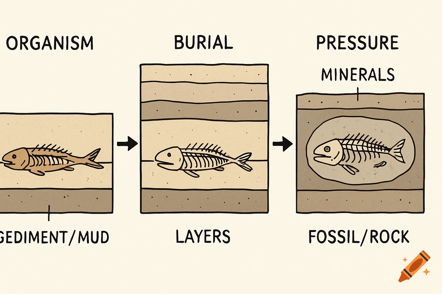 A simple 3-step diagram illustrates how a fish fossil forms, showing organism, burial in sediment/mud, and transformation into fossil/rock under pressure.