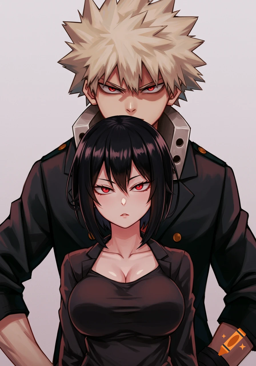 An anime illustration of Katsuki Bakugo standing behind a woman with black hair and red eyes, both with fierce expressions.
