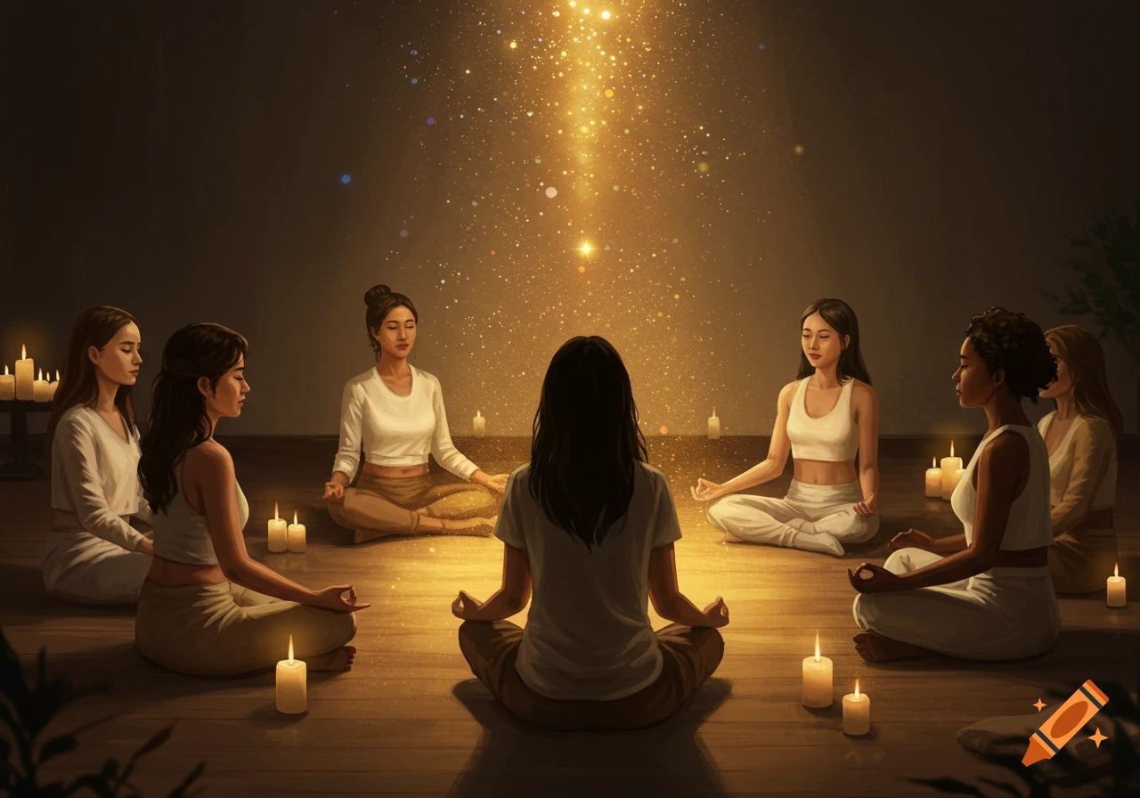 Women meditating in a circle on the floor, surrounded by candles, with a beam of sparkling light shining down from above.