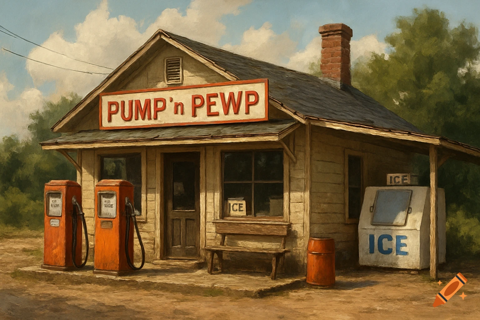 An old, rustic gas station with two orange pumps and a sign that reads "PUMP'n PEWP", under a partly cloudy sky.