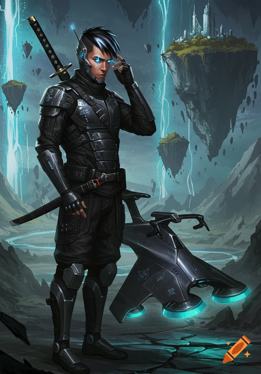 A futuristic ninja-cyclist hero in a black exosuit with glowing blue eyes and a katana, standing next to a hovering glider in a landscape of floating islands and energy rifts.