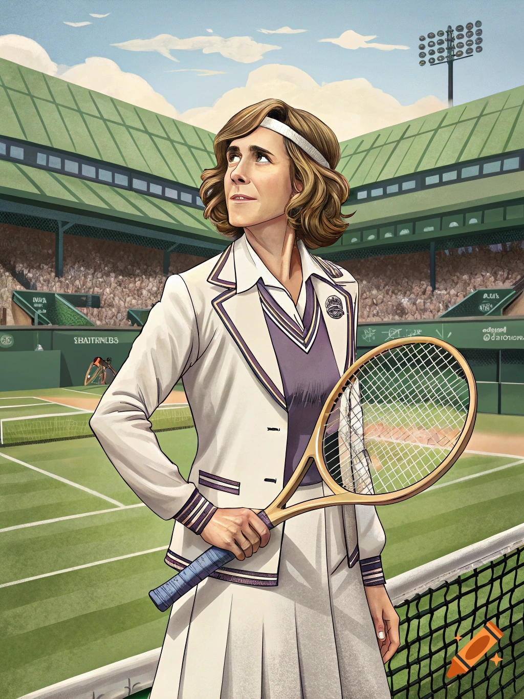 Illustrated portrait of a woman resembling Kristen Wiig's Dooneese character, dressed in vintage tennis attire, holding a racket on a court at a stadium.