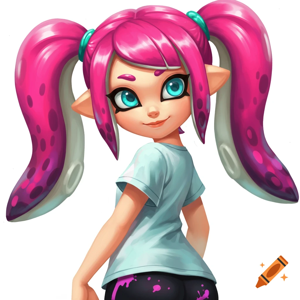 A stylized anime-style young female inkling character with pink hair looks back at the viewer and smiles.