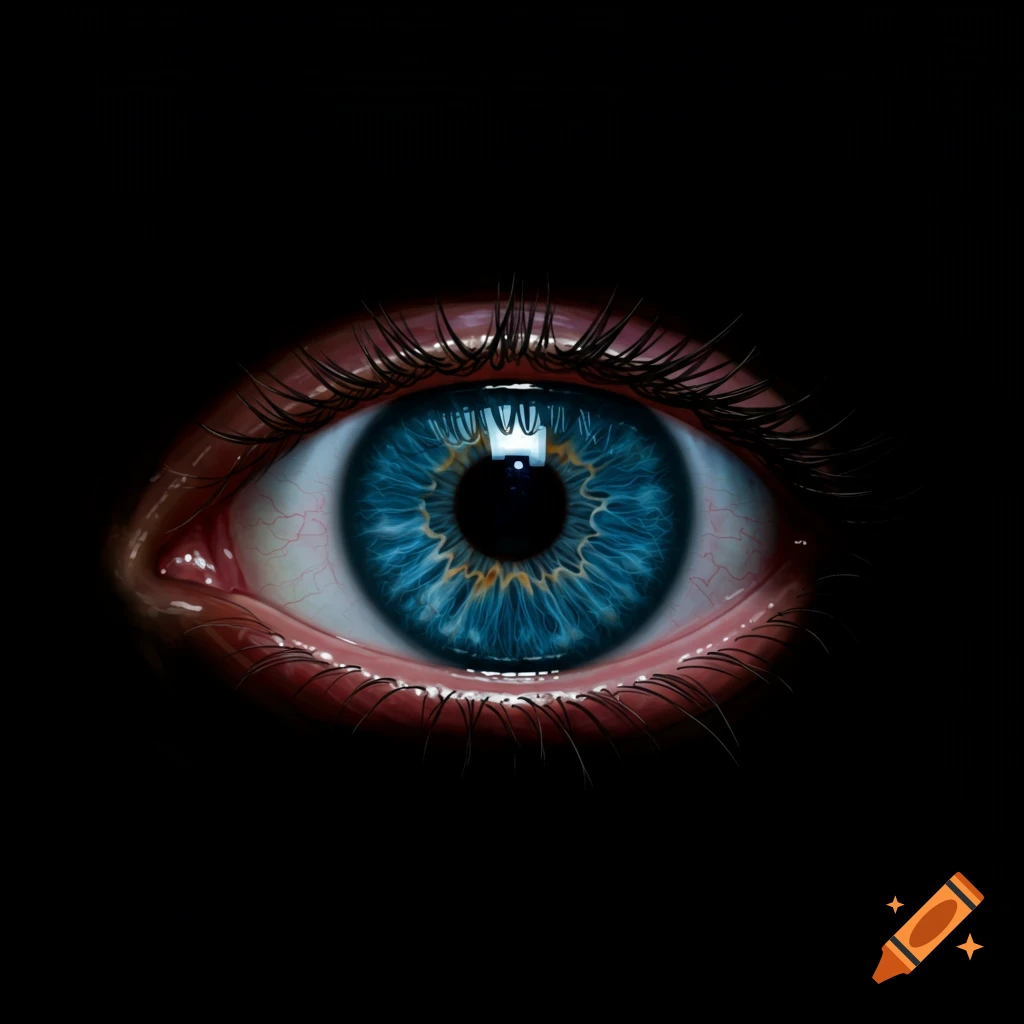 A detailed, close-up, photorealistic image of a blue human eye against a black background.