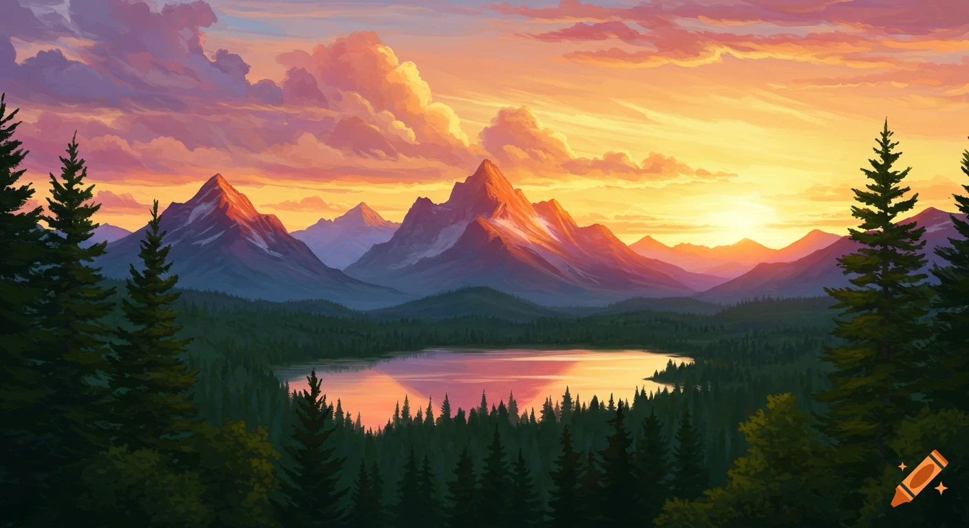 A vibrant sunrise illuminates majestic mountains, a serene lake, and dense forests in a painterly style.