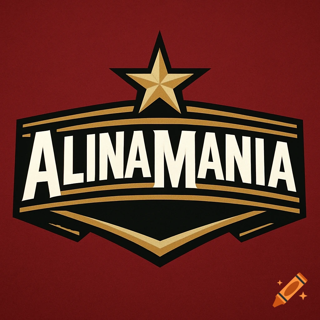 A black and gold logo with the word "ALINAMANIA" in white letters and a gold star on a red background.