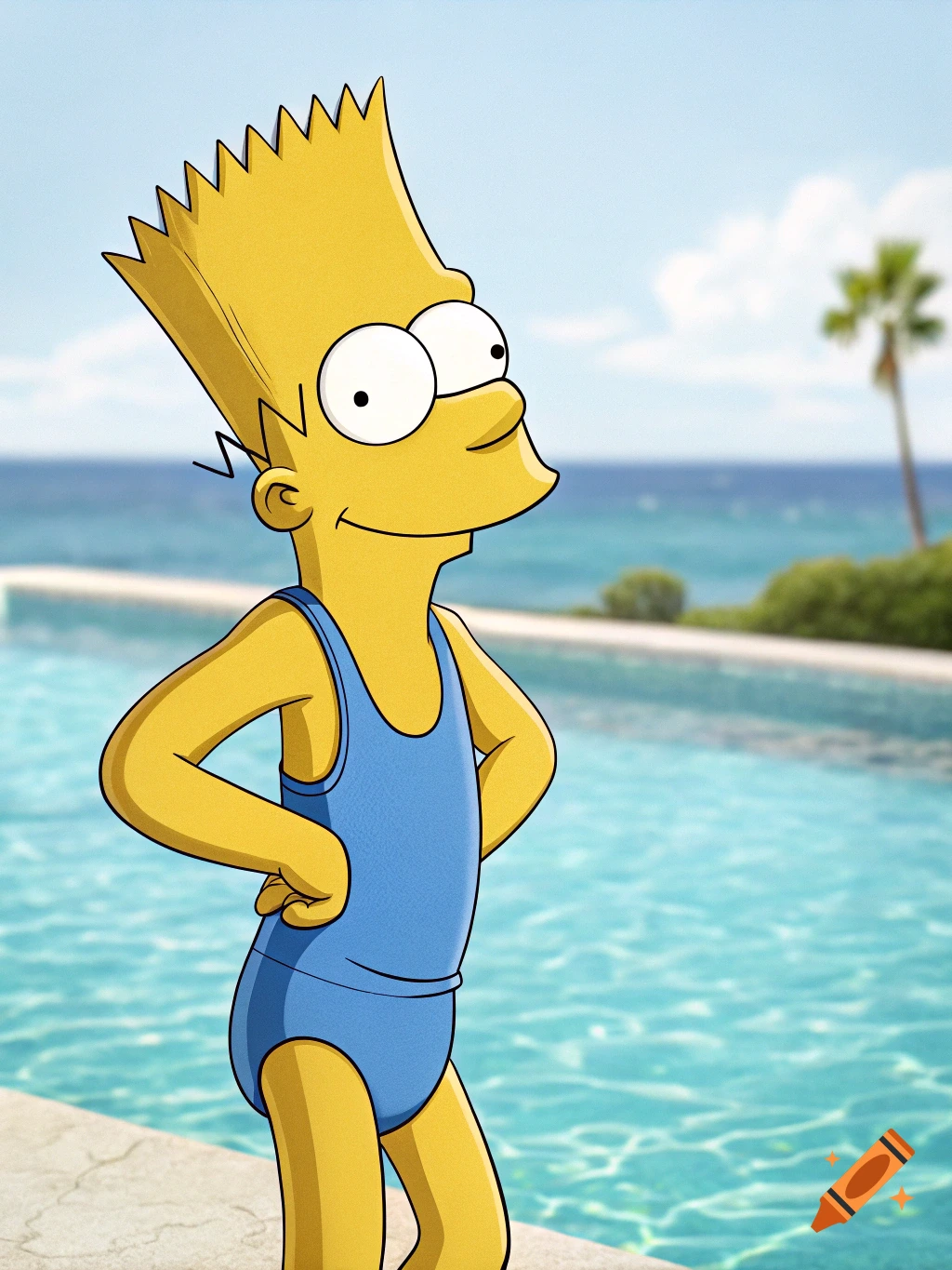 Bart Simpson in a blue one-piece swimsuit stands by a swimming pool with the ocean and a palm tree in the background.