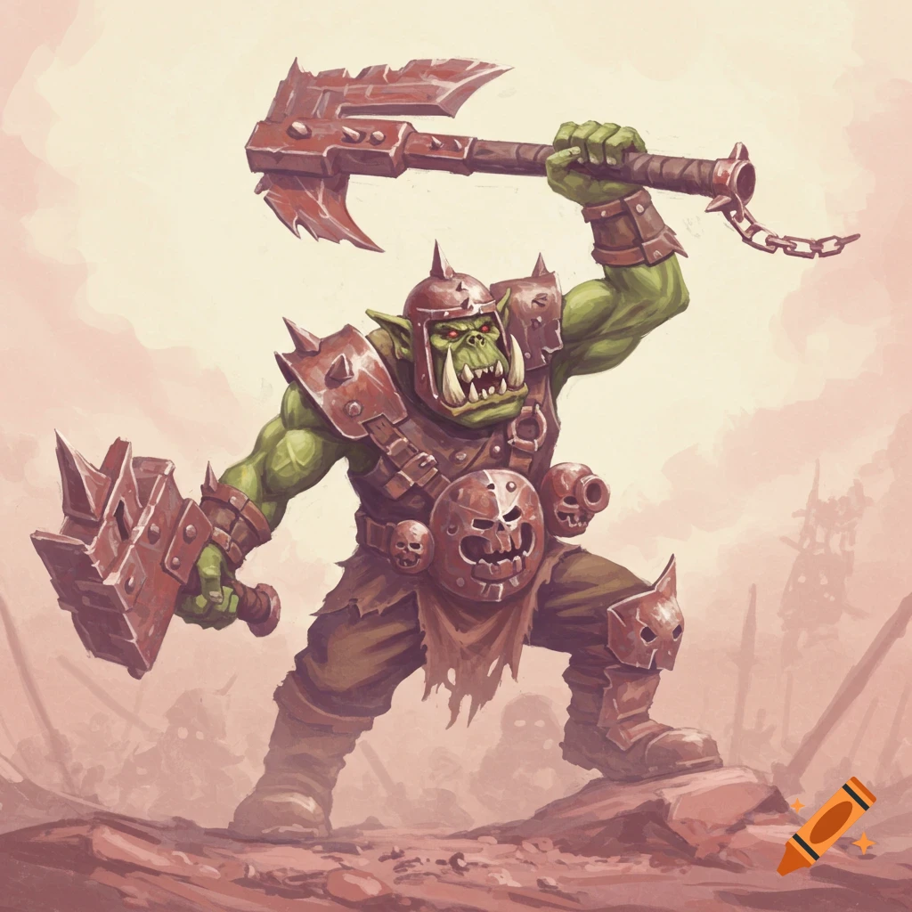 A stylized green orc warrior in spiked red armor, wielding an axe and hammer, stands on a rocky battlefield under a pale sky.