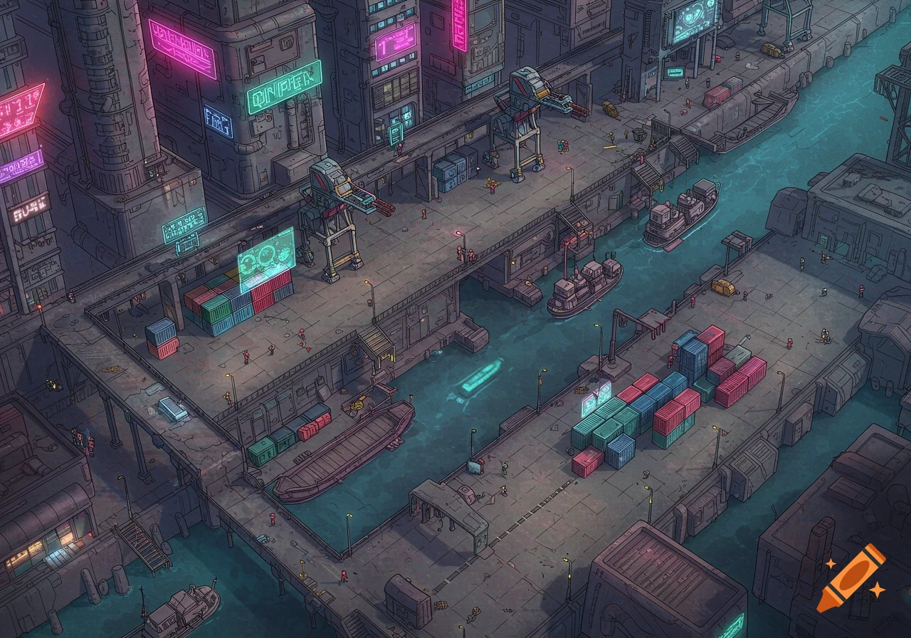 An isometric view of a futuristic cyberpunk shipping port at dusk, featuring a canal with boats, cranes, stacked cargo containers, and neon-lit buildings.