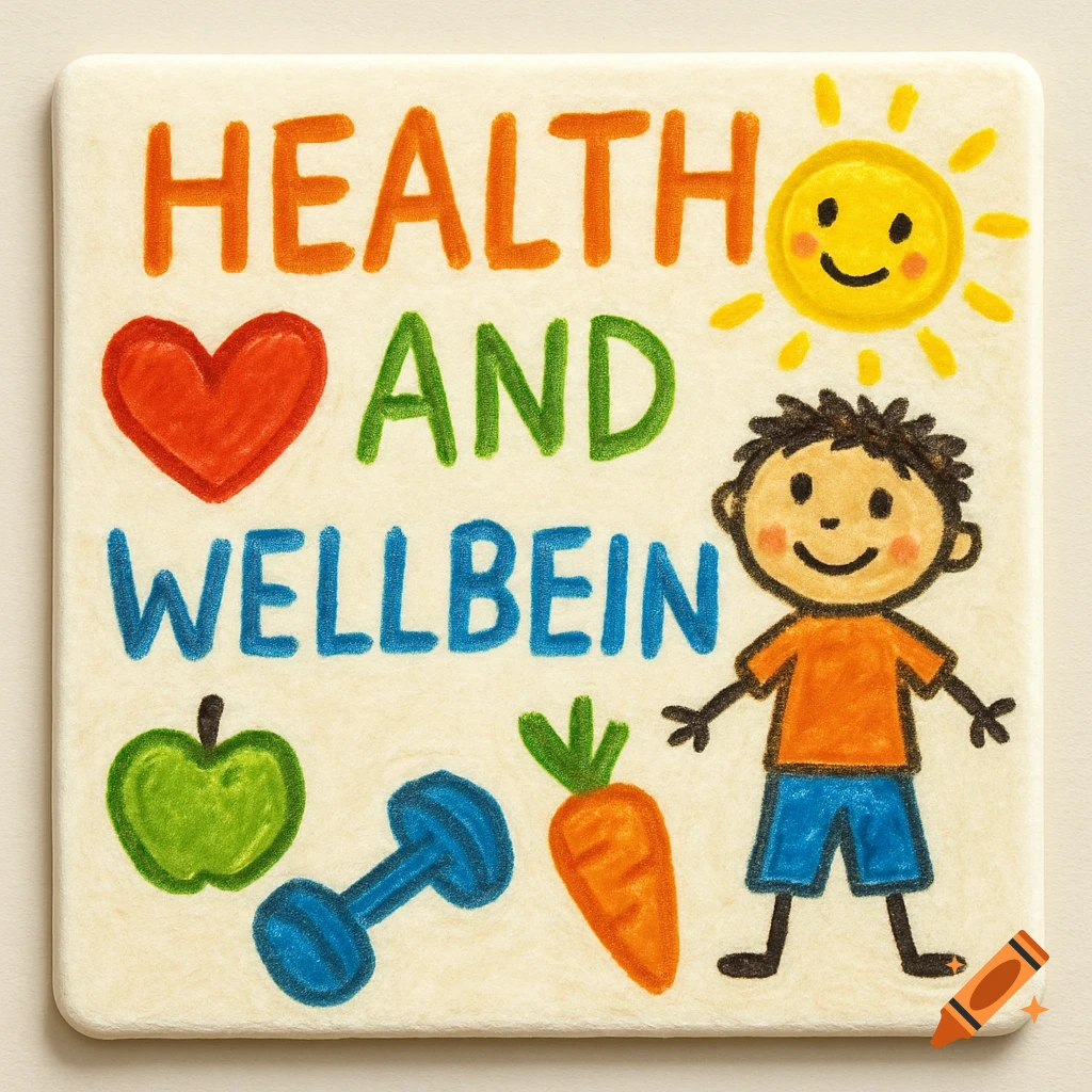 A child-like drawing on a square tile with "HEALTH AND WELLBEIN" text, a heart, sun, boy, apple, dumbbell, and carrot.
