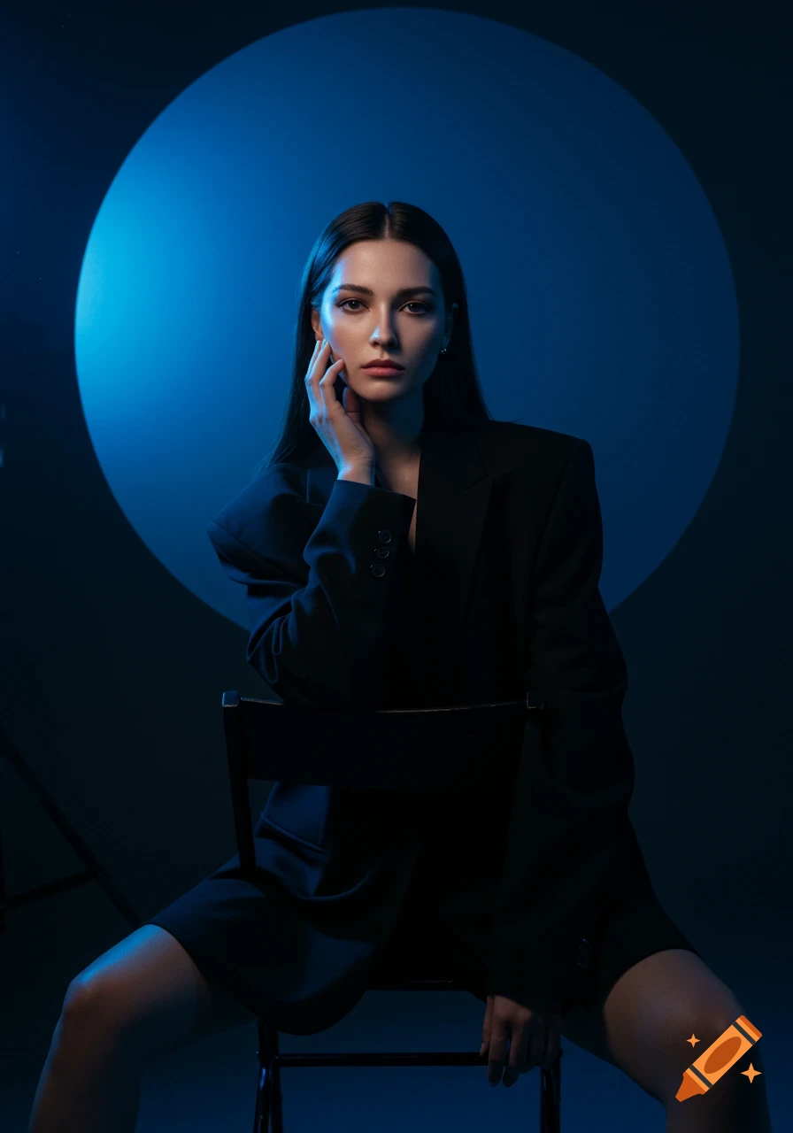 A woman in a black blazer sits on a chair, lit by a dramatic circular blue spotlight in a studio.