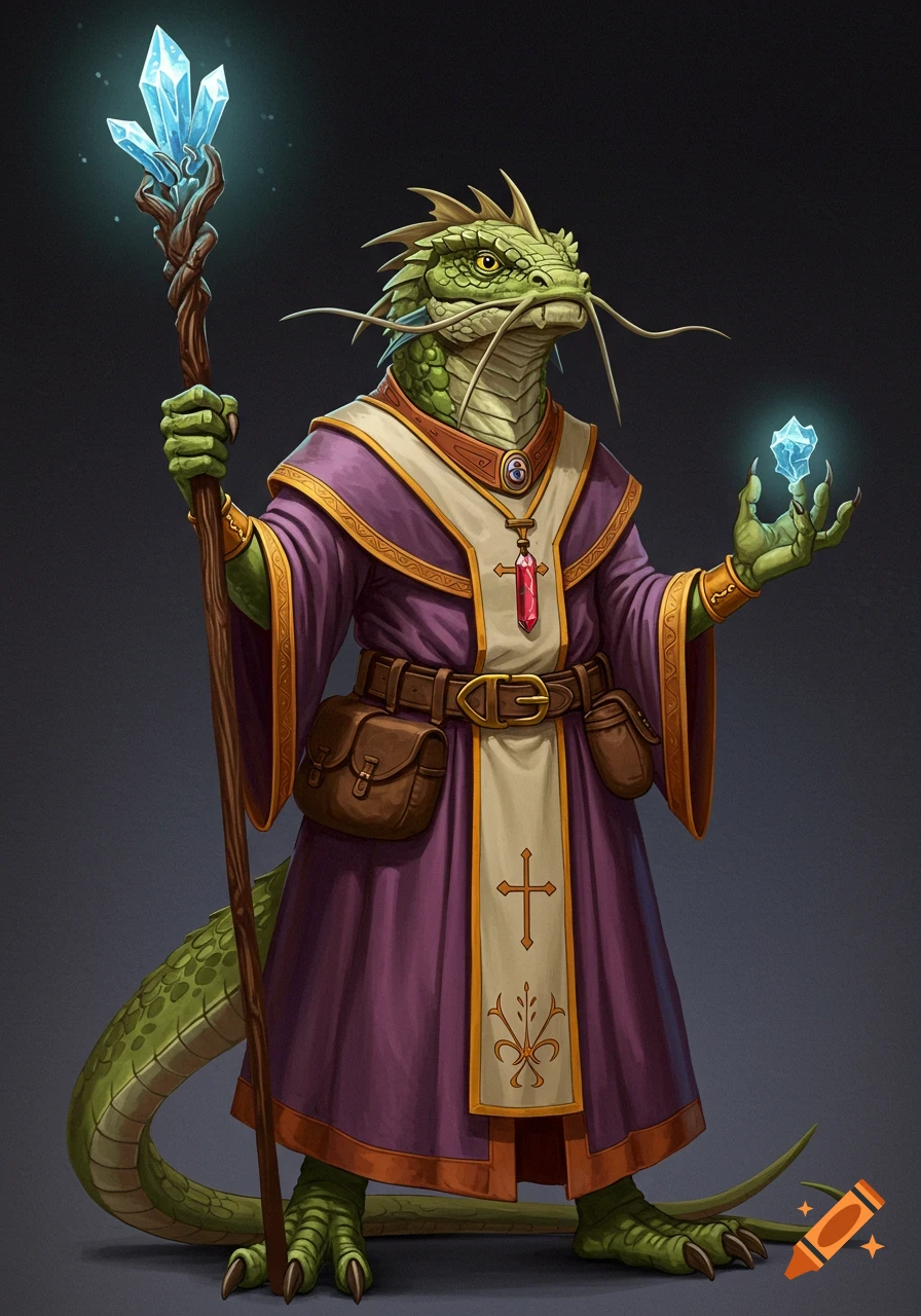 A green-scaled lizardfolk wizard in purple robes holds a glowing crystal staff and a small floating crystal.