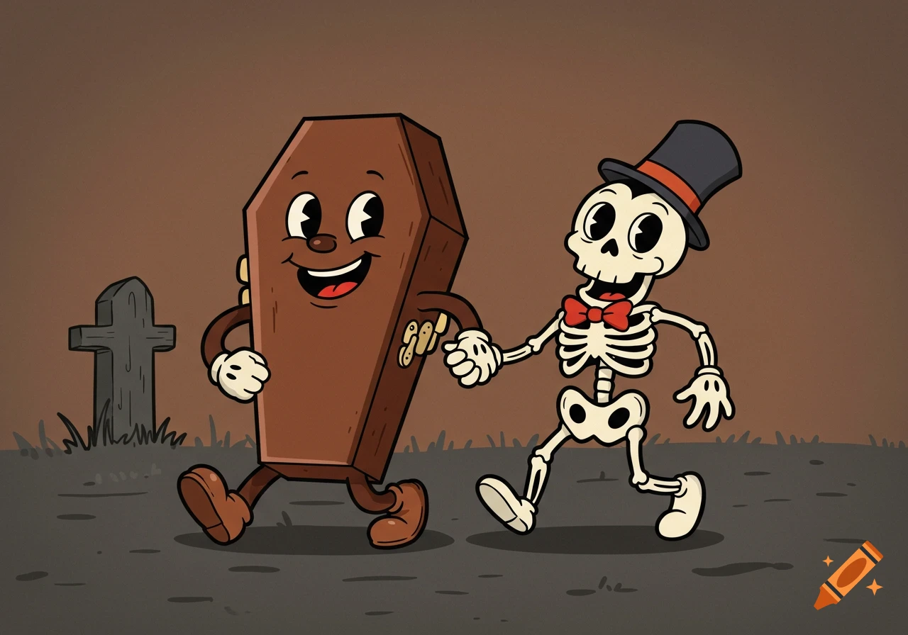 Vintage rubber hose cartoon of a smiling coffin and a skeleton in a top hat, holding hands and walking in a graveyard.