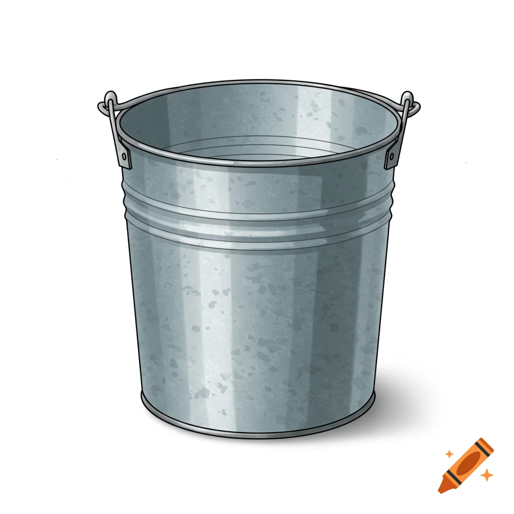 An illustration of a shiny galvanized metal bucket with a wire handle, casting a shadow on a white background.
